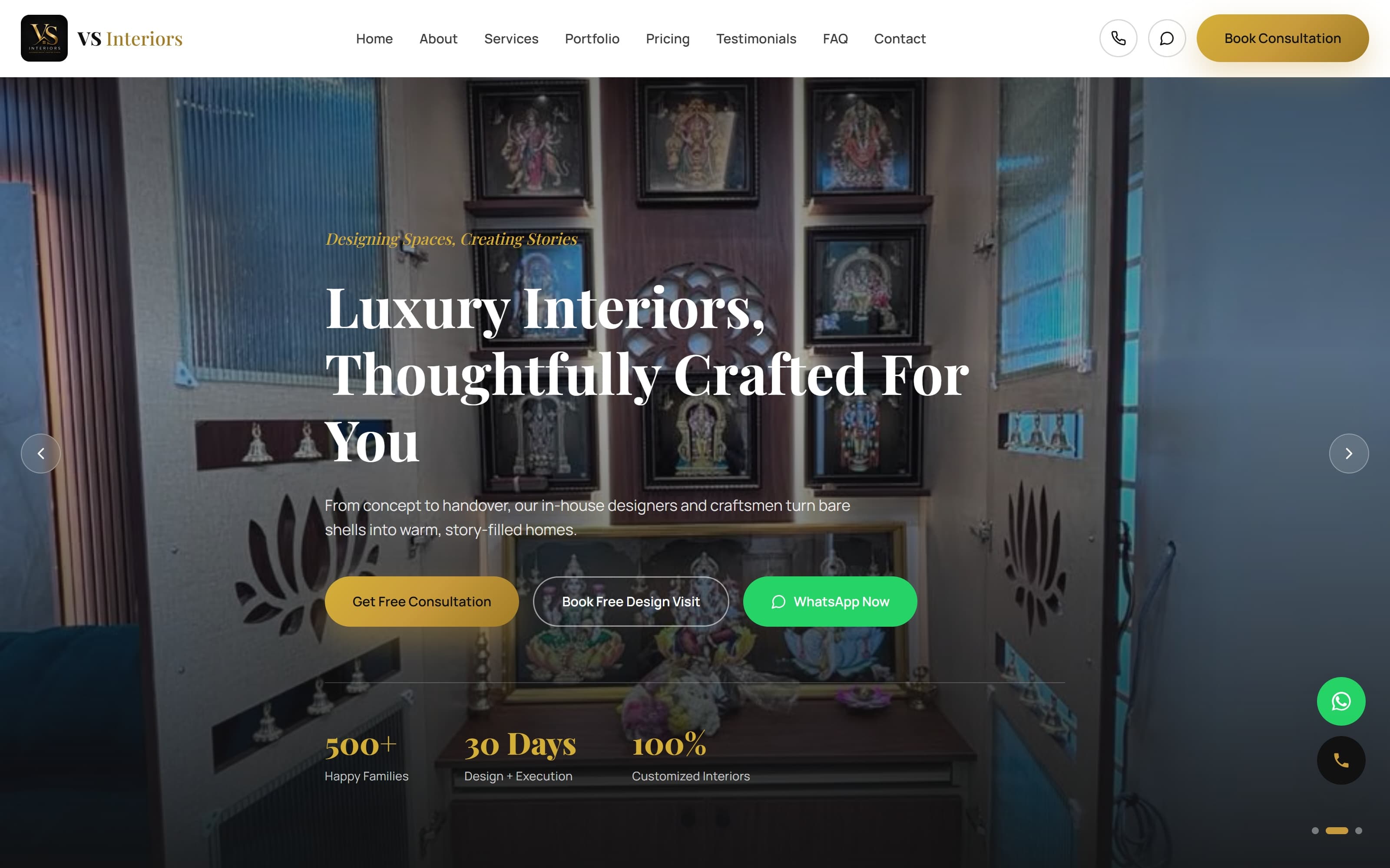 Screenshot of the VS Interiors website homepage